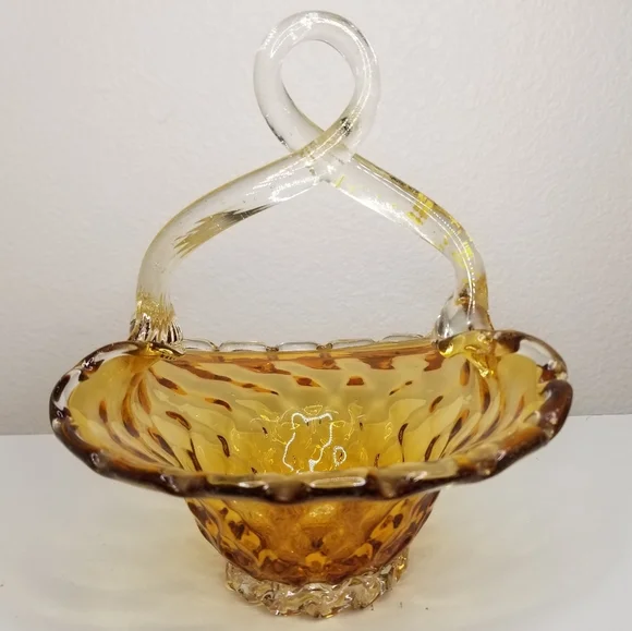 Murano Style Hand Blown Amber Glass Infused Gold Flake Loop Handle Basket - Picture 11 of 11